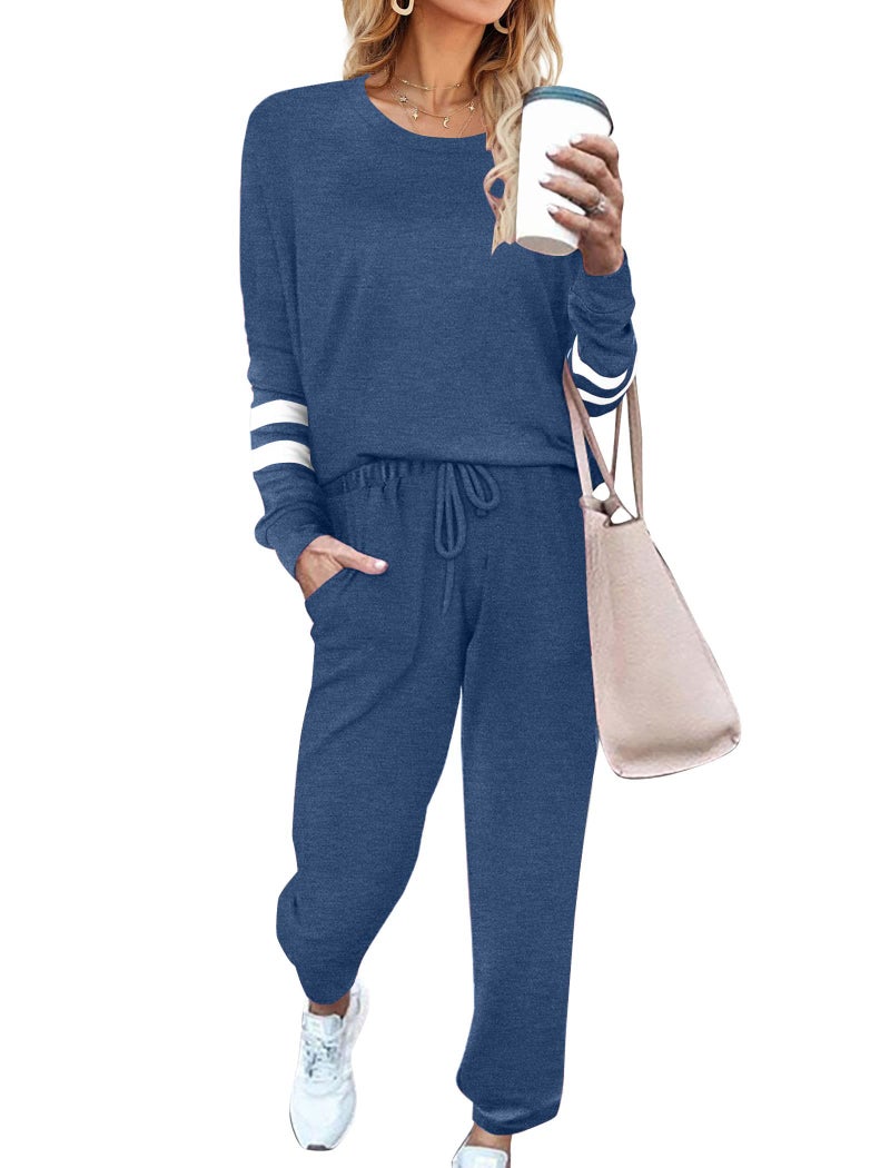 Ekouaer Sweatsuits Womens Loungewear Set Tracksuit Long Sleeve Pajamas Set with Pockets 2 Piece Outfits Lounge Sets Blue X-Large - Image 1